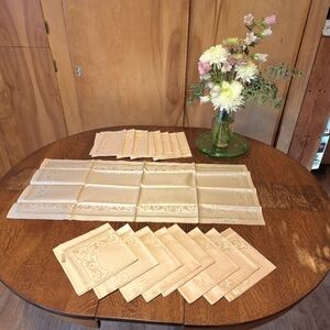 Elegant "Pear Pink" Jacquard Table Runner & 16 Napkins, Czechoslovakia , NWT